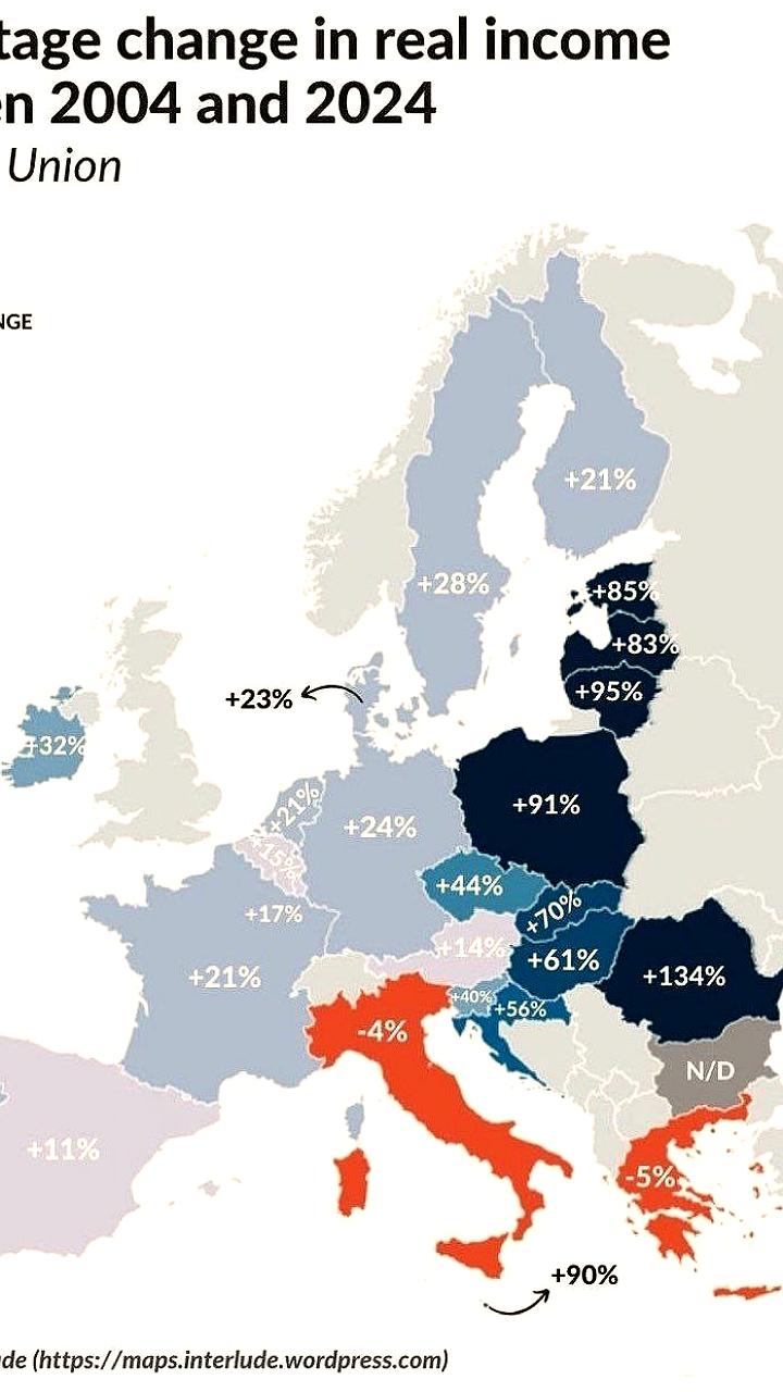 Стагнация доходов стран ЕС с евро за 20 лет