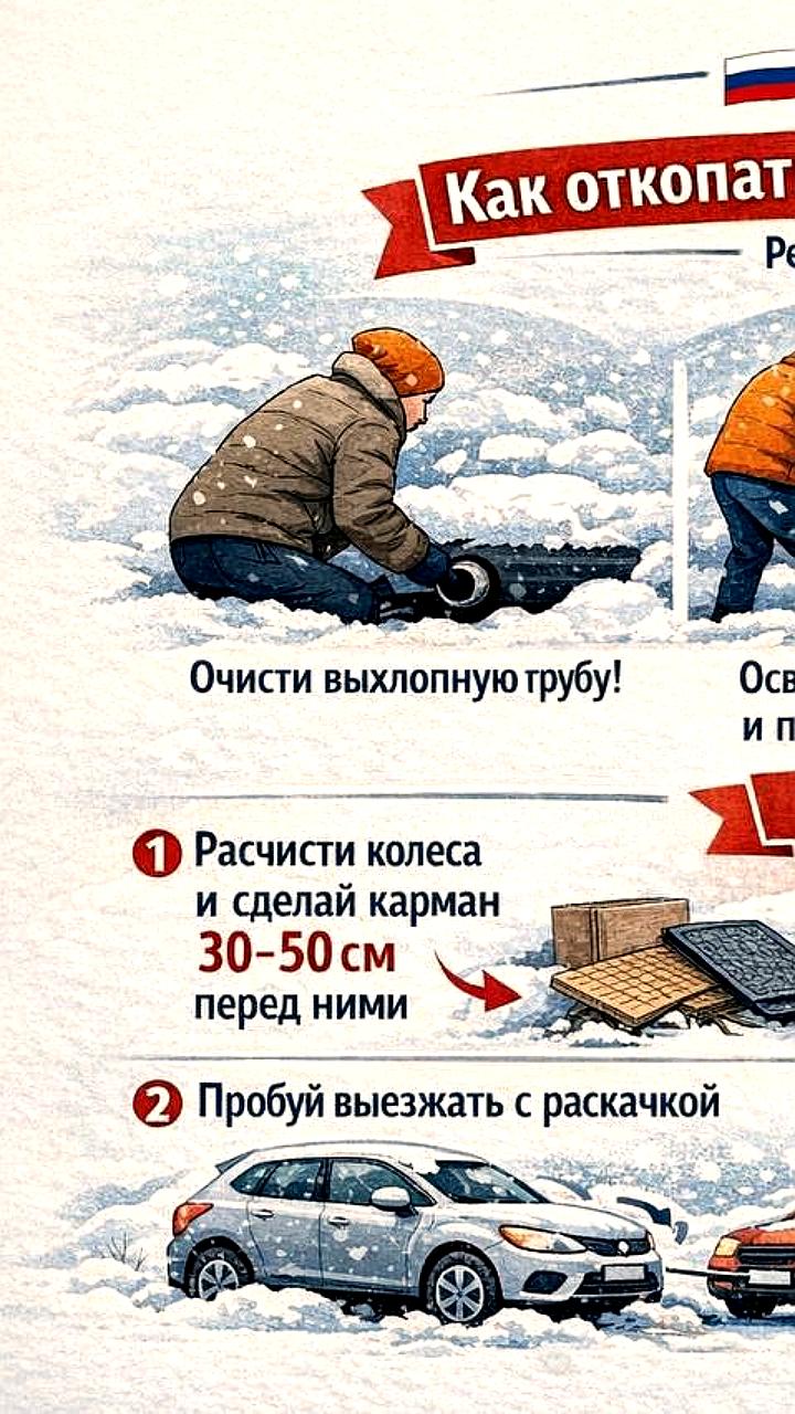 МЧС России представило инструкцию по откапыванию автомобилей из снега
