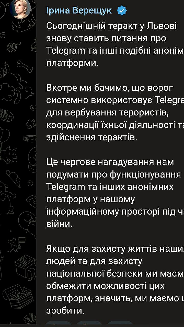 Ирина Верещук призывает ограничить Telegram после теракта во Львове